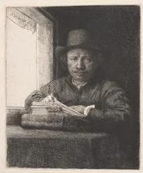 Rembrandt dibujando en una ventana