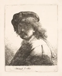 Rembrandt con gorra y bufanda: el rostro en penumbra: busto
