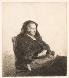 La madre de Rembrandt, sentada a una mesa y mirando hacia la derecha: retrato de tres cuartos