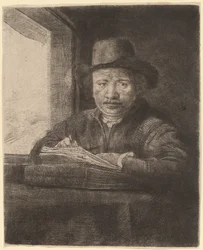 Autorretrato dibujando en una ventana