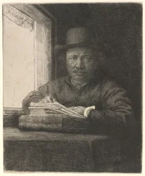 Autorretrato dibujando en una ventana