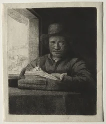 Autorretrato dibujando en una ventana