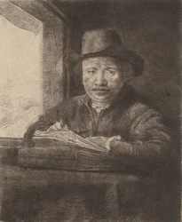 Autorretrato dibujando en una ventana, 1648
