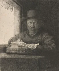 Autorretrato dibujando en una ventana, 1648