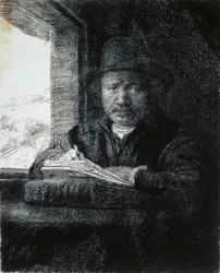 Autorretrato dibujando junto a una ventana, 1648
