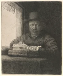 Autorretrato en aguafuerte junto a una ventana