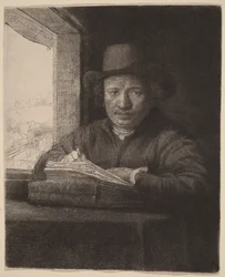 Autorretrato en aguafuerte junto a una ventana