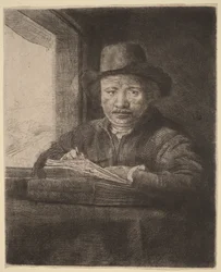 Autorretrato en aguafuerte junto a una ventana