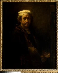 Autorretrato ante el caballete. Pintura de Rembrandt Harmenszoon van Rijn, llamado Rembrandt (1606-1669), escuela holandesa