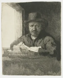 Autorretrato en aguafuerte junto a una ventana