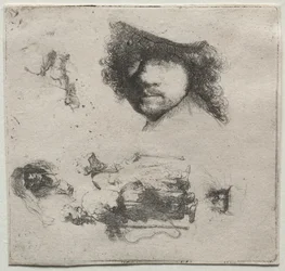 Hoja de estudios: Autorretrato, una pareja de mendigos, etc., c. 1632