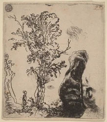 Hoja con dos bocetos: un árbol y la parte superior de la cabeza del artista con un gorro de terciopelo