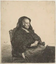 La madre del artista sentada en una mesa mirando a la derecha: tres cuartos de longitud, ca. 1631