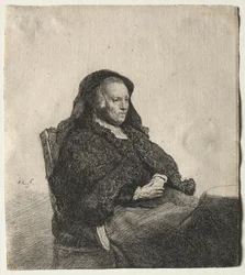 La madre del artista sentada en una mesa, mirando a la derecha: tres cuartos de longitud, c. 1631