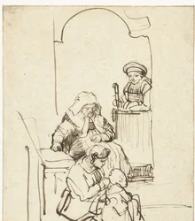 tres mujeres y un niño junto a una puerta