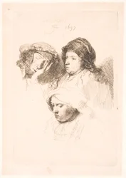 Tres cabezas de mujeres, una dormida