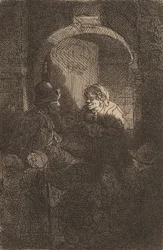 Mujer en una puerta hablando con un hombre y niños, 1641