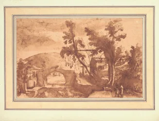 Paisaje montañoso con un puente sobre un río, figuras en un camino junto a una granja a la derecha (tinta y aguada con tiza sobre papel)