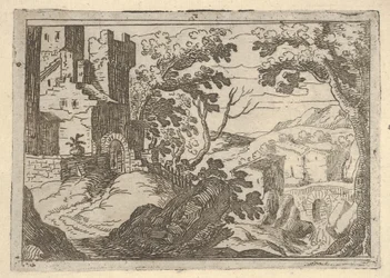 Paisaje con edificios a la izquierda y un puente a la derecha abajo, ca. 1620-50
