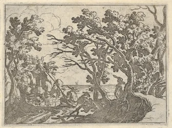 Paisaje con pescador en la orilla y observador masculino bajo los árboles, un hombre en un bote inclinándose..., ca. 1620-50