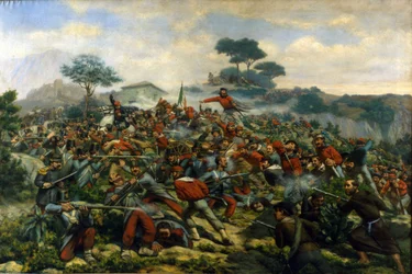 Risorgimento: la batalla de Calatafimi en Sicilia entre las tropas de Giuseppe Garibaldi (1807-1882), los Mil y el ejército del Reino de las Dos Sicilias