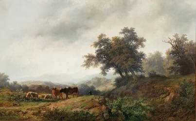 Paisaje abierto con vacas y pastor