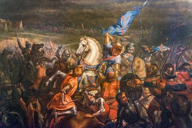 Guerra de los Cien Años: la batalla de Formigny (Calvados) el 15/04/1450 entre el ejército inglés de Thomas Kyriell (1396-1461) y el de Jean de Clermont (fallecido en 1356) - detalle del cuadro de Remy Eugene Julien (1797-1868) - Museo de Arte e Historia B
