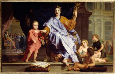 La elocuencia. Alegoría de la elocuencia coronada, al fondo, el Rey Luis XIV ante sus cortesanos