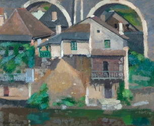 Casas del Vézère en Uzerche (óleo sobre cartón)