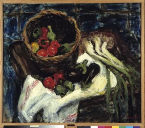 Naturaleza muerta en cesta de verduras Pimientos, berenjenas y puerros (óleo sobre lienzo)