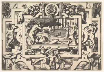 Medea vierte una poción mágica sobre Jasón Le roi Aeson tant caduque et chenu en une cuve elle..., 1563