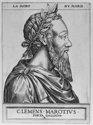 Retrato de Clément des Marets llamado Marot (1496-1544), poeta francés - Clément Marotius poeta gallicus grabado por René Boyvin 1576