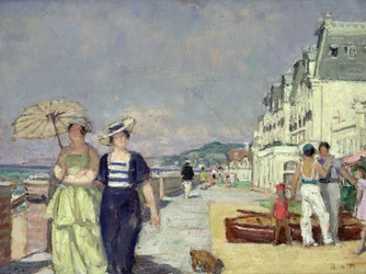 Mujeres elegantes en el paseo marítimo de Cabourg, c.1929 (óleo sobre lienzo)