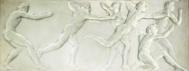 Panel figurativo de vidrio moldeado que representa seis atletas masculinos desnudos