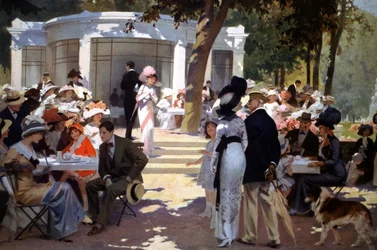 En el balneario de Vittel: gente tomando refrescos, principios del siglo XX (ilustración)