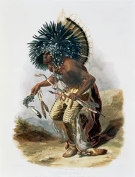 Pehriska-Ruhpa, guerrero Minatarre con el traje de la danza del perro, 1843