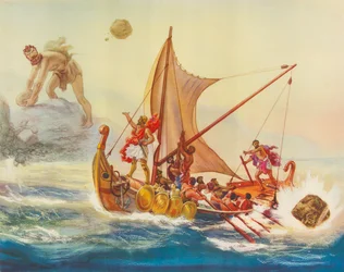 Ulises burlándose de los cíclopes (litografía en color)