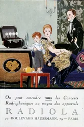 Tarjeta postal publicitaria de Radio Radio Radio (TSF): "Todos los conciertos de radio se pueden escuchar usando dispositivos Radiola". sd. circa 1919. Ilustración de Rene Vincent, también conocido como Rene Mael (1879-1936)