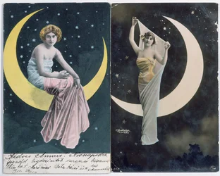 Postales húngaras (izquierda) y francesas (derecha) que representan a una mujer y una luna creciente (c.1910)
