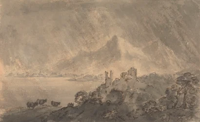 Castillo sobre un lago con una montaña lejana bajo un cielo tormentoso