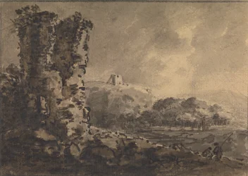 Paisaje clásico con ruina a la izquierda y dos figuras a la derecha