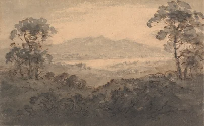 Paisaje con lago y montañas