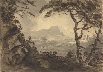 Paisaje con montaña en el centro