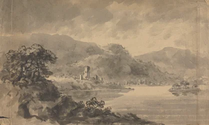 Paisaje con río, castillo y montañas