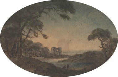 Paisaje con dos hombres y las ruinas de un castillo a orillas del río