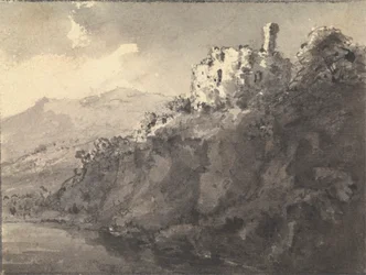 Paisaje con un castillo sobre una colina a la derecha