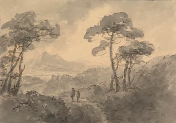 Paisaje montañoso con dos figuras en un camino sinuoso