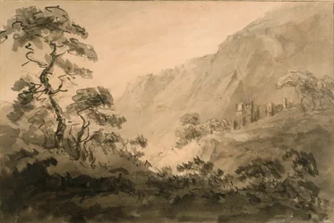 Paisaje montañoso con ruinas (pluma, tinta y aguada de tinta sobre lápiz sobre papel verjurado blanquecino preparado con un lavado sepia)
