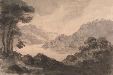 Paisaje montañoso con río, árboles y follaje en primer plano