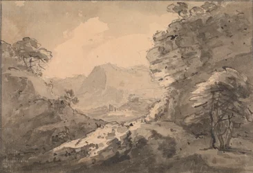 Paisaje montañoso con un peñasco a la derecha